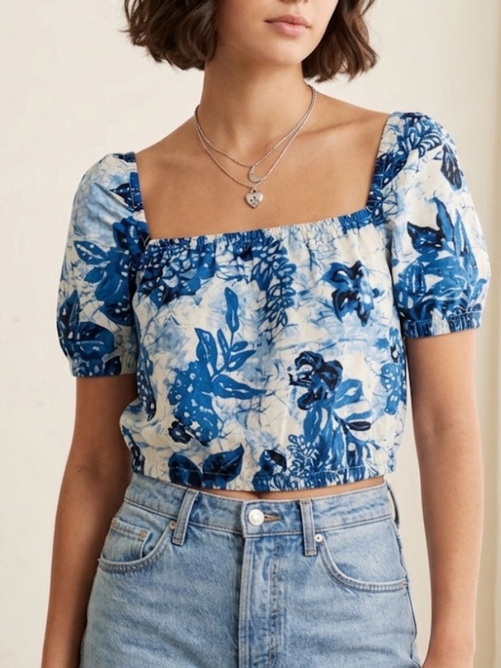 Coach Blue and White Floral Off-Shoulder Crop Top